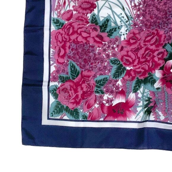OVERSEAS ADVANTAGE Blue Pink Floral Print Square Neck Scarf 24” X 26” Square - Picture 5 of 9